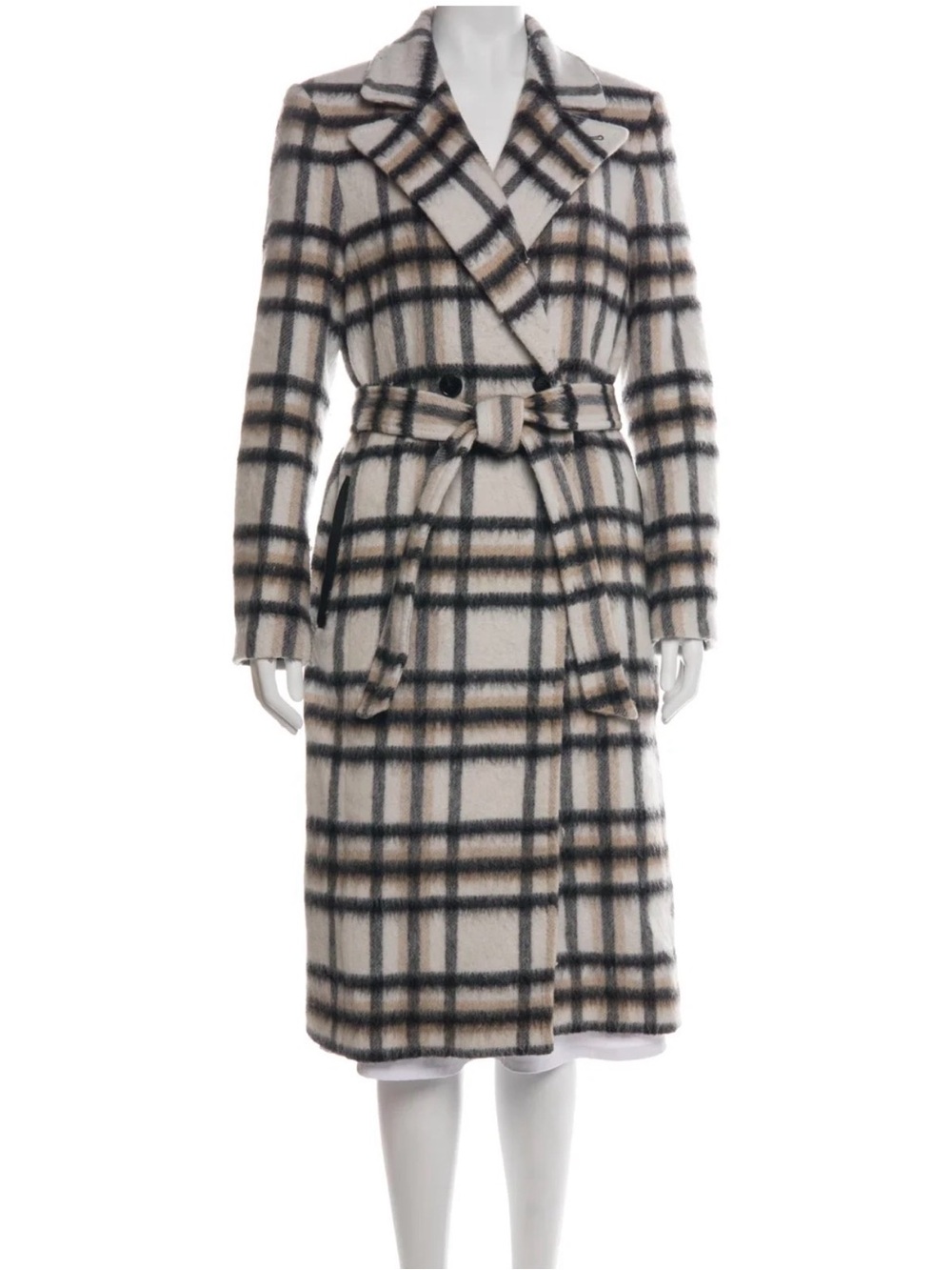 Mackage Cream Plaid Long Trench Coat with Black and Tan Checks